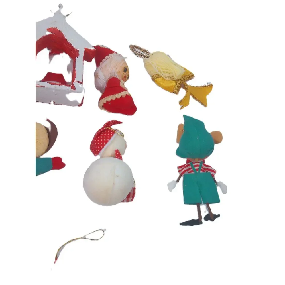 Vintage MCM Kitsch Christmas Ornament Lot Japan Felt Mouse Angel Santa Set of 8